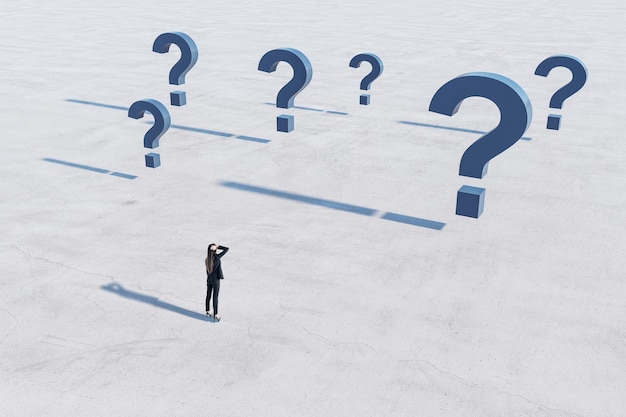 Find solution and right decision concept with confused businesswoman on empty concrete field in front of blue question marks