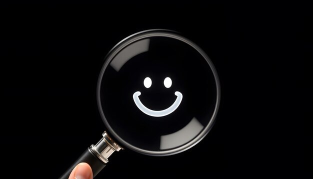 Photo finding happiness magnifying glass reveals smiley face icon customer satisfaction and evaluation