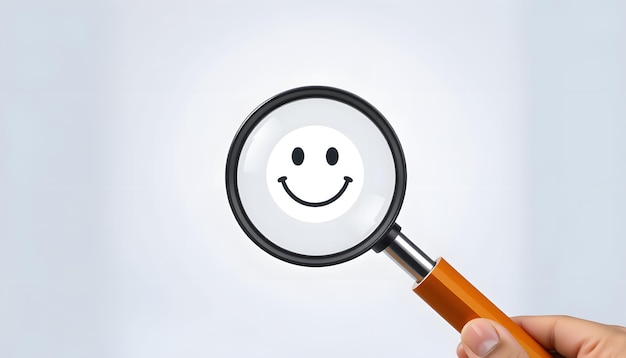 Photo finding happiness magnifying glass reveals smiley face icon customer satisfaction and evaluation