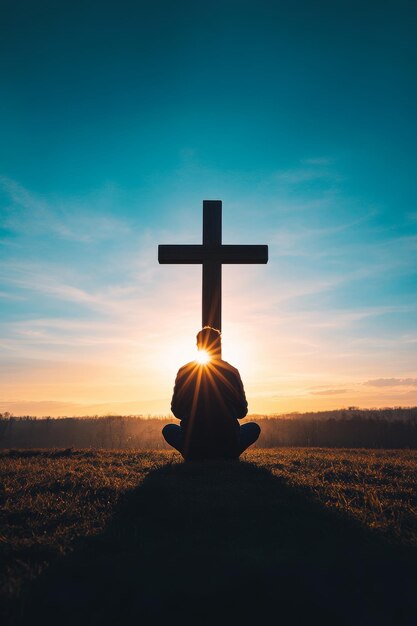 Finding Hope At Dawn Silhouette Christian In Deep Prayer Amid Serene Sunrise Mountain Scenery