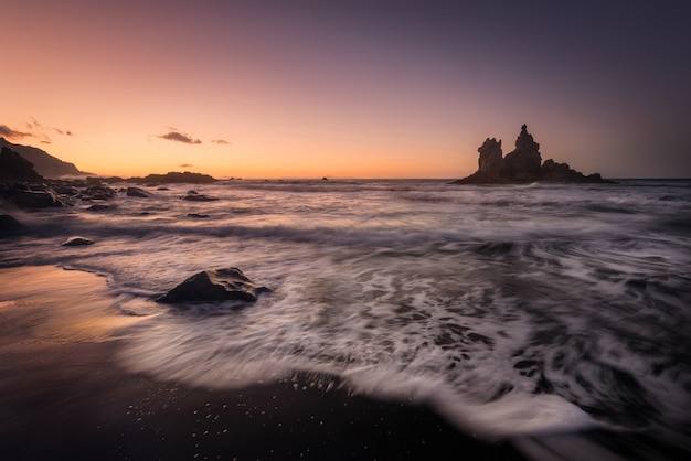 Fine art landscape of Benijo beach at sunset in Tenerife, Canary islands, Spain