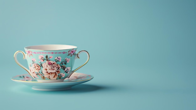 Photo fine bone china teacup with floral pattern on a blue background