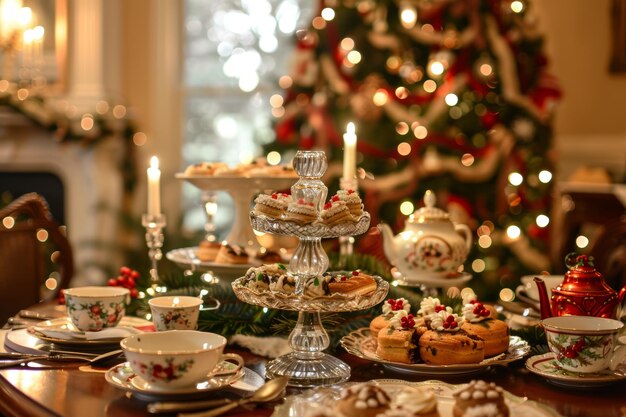 Fine China Christmas Tea Party Setup with Holiday Themed Pastries and Decorated Table