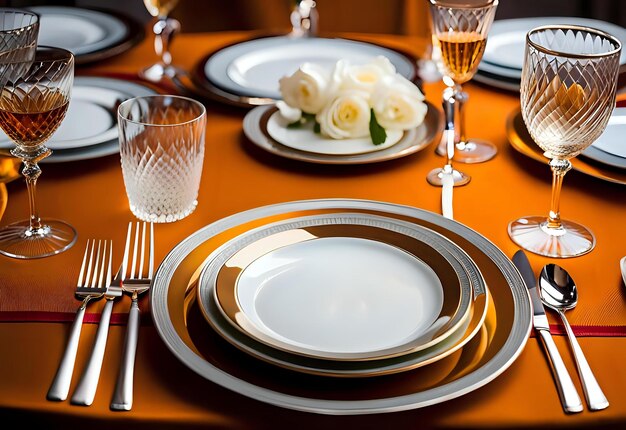 Photo fine china dinner set with elegant tablecloth and glassware