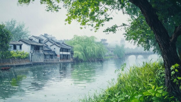 Photo the fine and continuous spring rain in jiangnan resembling threads as well as the lush greenery and thriving grass by the riverbank oil painting ar 169 v 61 job id daa06019e00f49babe60e2cfb302d373