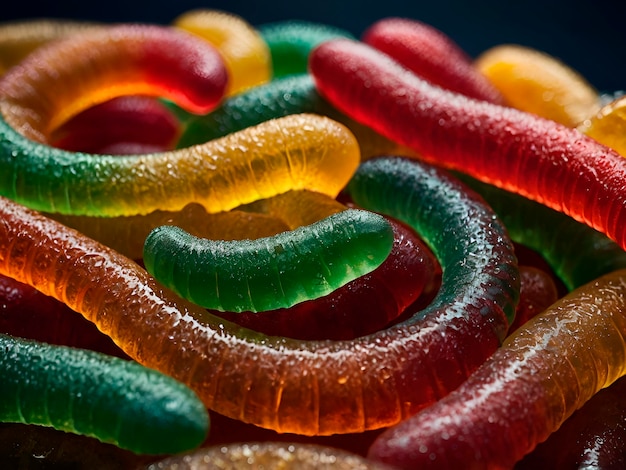 the fine details of a sour gummy worm with its sugar coating and vibrant colors