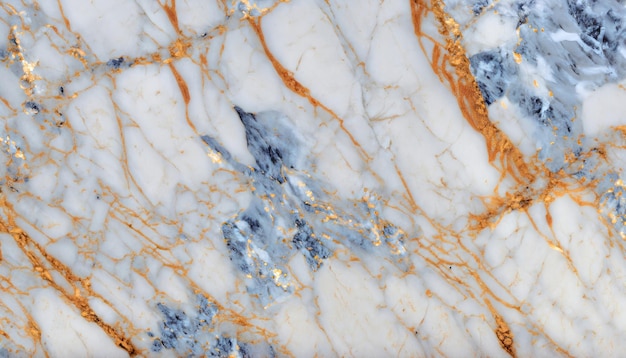 Fine marble texture Polished surface of a white marble with blue and golden orange patterns