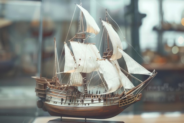 Photo a finely crafted model of an ancient sailing vessel is displayed its pristine white sails and intricate details highlighting craftsmanship