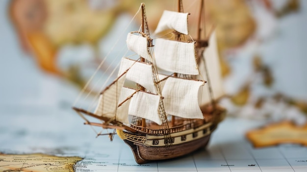 Photo a finely crafted model ship is prominently positioned on a vintage map representing the spirit of maritime exploration and adventure across various oceans and continents