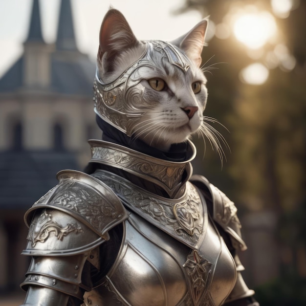 Finely detailed cat knight portrait in intricate silver armor adorned with silk illuminated