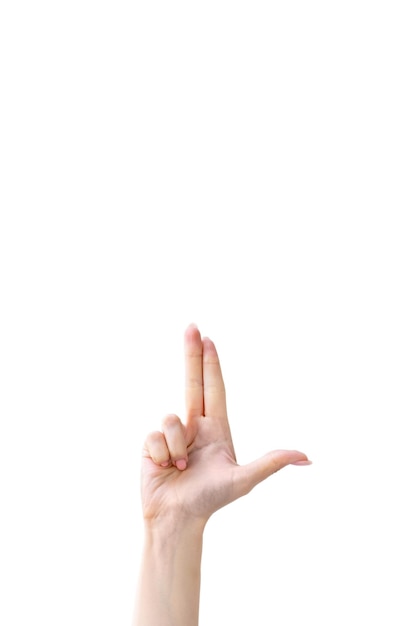 Finger gun Shooting gesture Aiming sign Female hand showing pointing up at invisible content isolated on white copy space advertising background