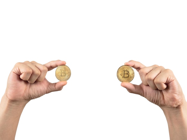 Finger holding golden bitcoin white isolatedHand keep gold bitcoin digital money