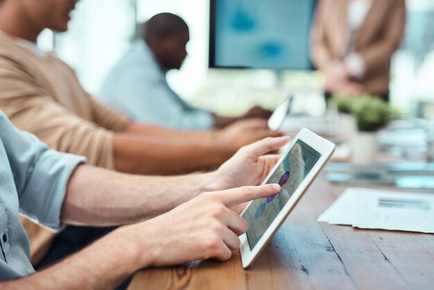 Photo finger infographic and tablet with business person at table in boardroom of office for meeting hand information and technology with design employee in workplace for creative research closeup