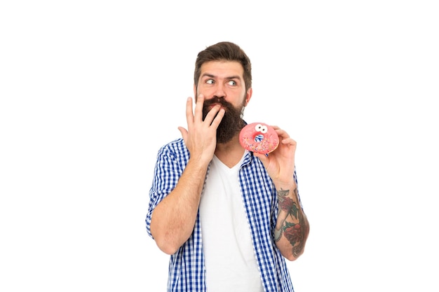 Finger licking good snack Bearded man eat donut isolated on white Hipster enjoy sweet snack Enjoying snack break Unhealthy food and snacking Diet and dieting Fun snack Quick and sweet