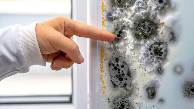 A Finger Points to the Evidence of Mold Growth on a Window Frame