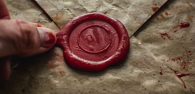 Photo finger pressing red wax seal on envelope with number eight