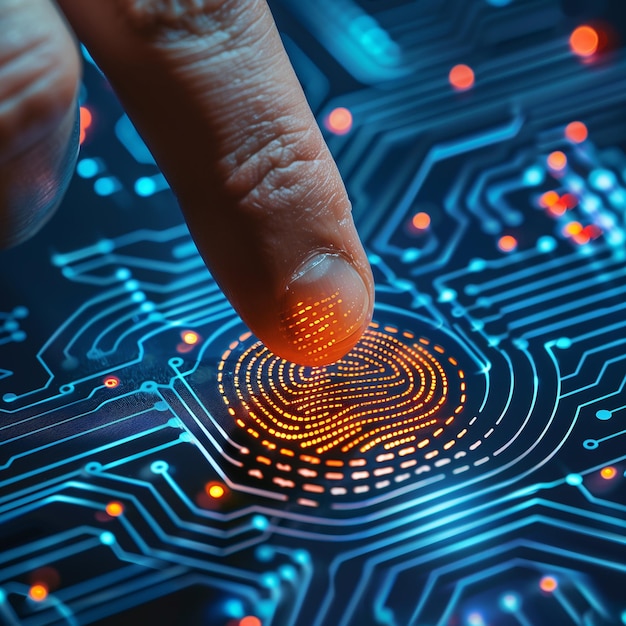 Photo finger scanning a digital fingerprint on a blue circuit board digital security concept