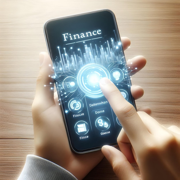 Photo finger swiping on finance app on smartphone with blank background photo realistic concept for fina