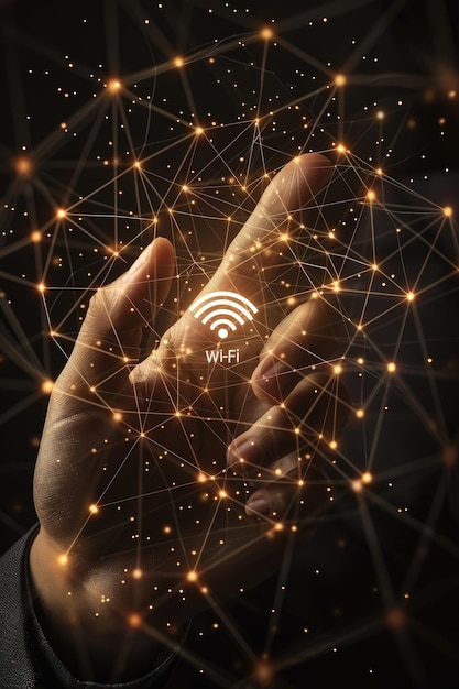 Finger touching glowing WiFi icon among network lines