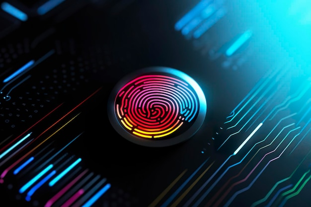 Fingerprint Authentication Button Biometric Security Identification and cyber security concept Glowing neon fingerprint on dark background AI Generative