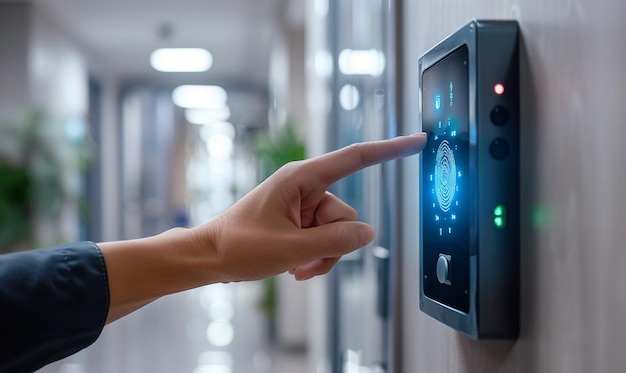 Fingerprint Scan Access Control System Machine on Office Wall Near the Entrance Door with a Hand