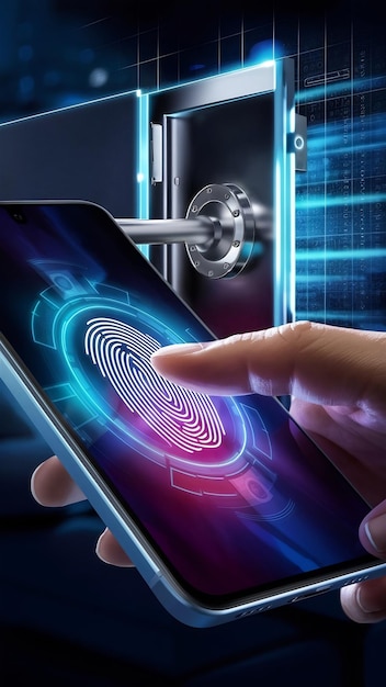 Photo fingerprint scanning on smartphone screen finger touching biometric cybersecurity scanner