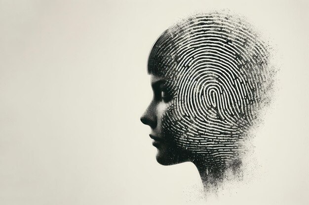 Photo fingerprint on a womans head in profile space for text