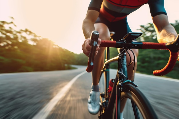 Photo fingers on brakes one man professional cyclist riding his bicycle on the road alone hands always o