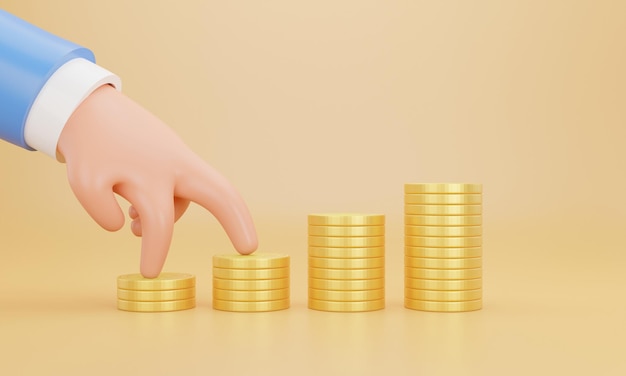 Fingers walking up on stacks of coins Growth Finance Concept 3d Rendering