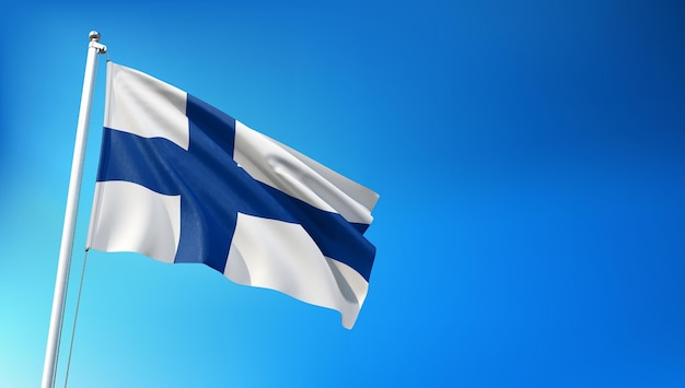 Finland Flag Flying on Blue Sky Background 3D Render