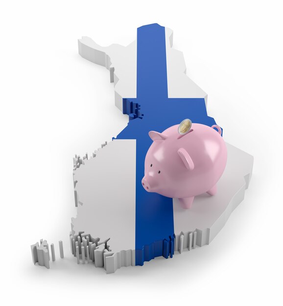 Finland Flag Map on Piggy Bank. 3d illustration.