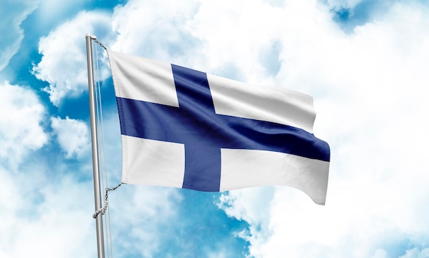 Finland flag waving on sky background 3D Rendering