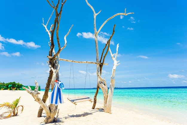 Fins a towel and an underwater mask on the swing on the shore of the Indian Ocean