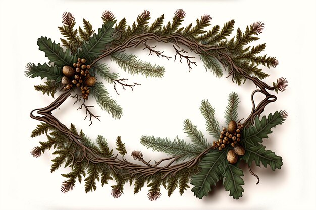 Fir branches with acorns making a frame on a white background