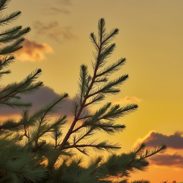 Photo fir branches on yellow sunset