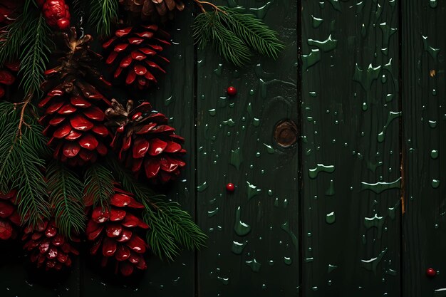 fir cones and autumn leaves on a background of painted wood