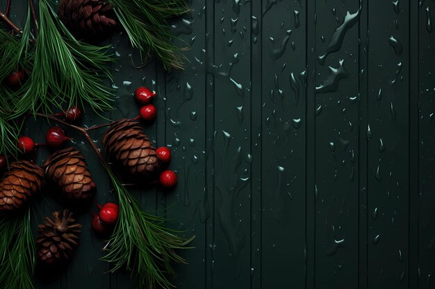 fir cones and autumn leaves on a background of painted wood