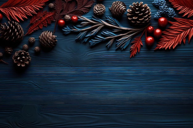 fir cones and leaves on the background of wooden boards