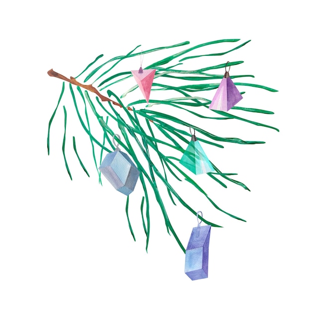 Fir tree branch with toys watercolor single isolated element