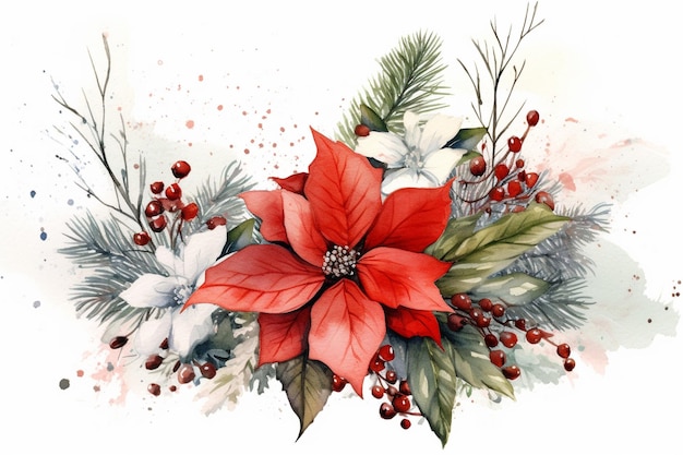 Fir tree twigs and poinsettia flowers edges on simple background with copy space Generative ai