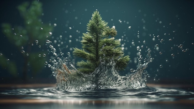 Fir tree with splashes of water on a dark backgroundgenerative ai