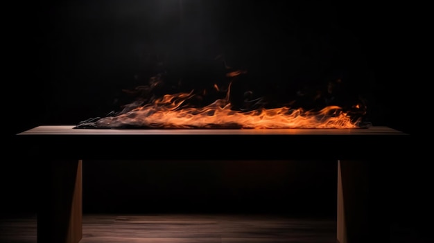 A fire in the background is lit up with a black background.