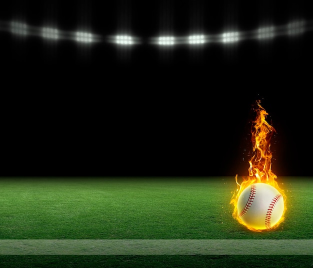 Fire Baseball ball on a grass field with stripe and black background under lights