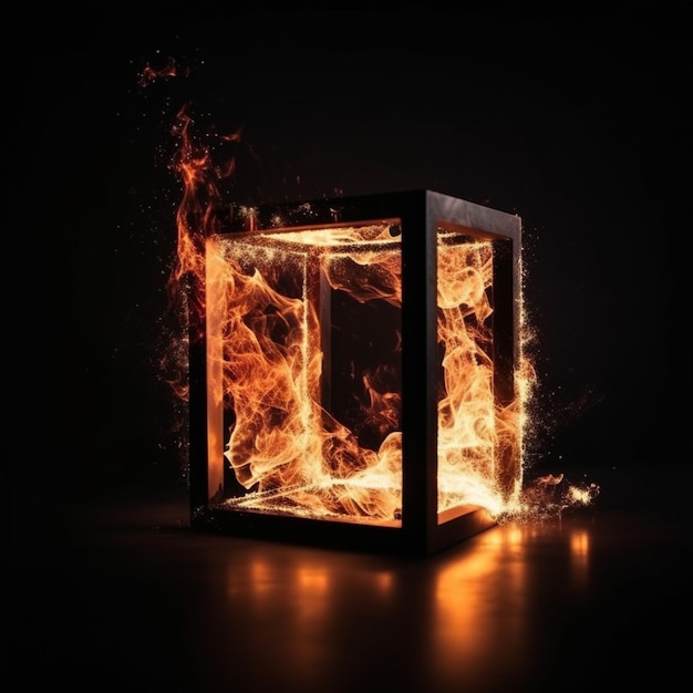 A fire in a box is lit up with a black background.