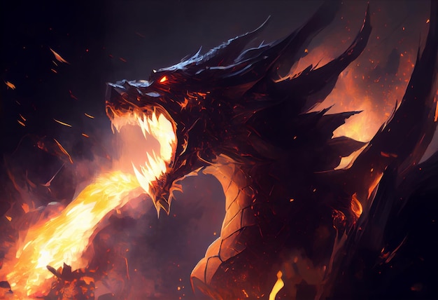 Fire breathes explode from a giant dragon in a black night the epic battle evil concept Generate Ai