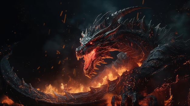 Fire breathes explode from a giant dragon in a black night Generative Ai