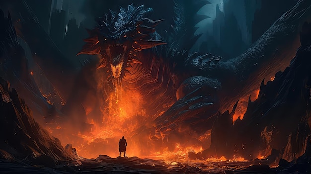 Fire breathes explode from a giant dragon in a black night Generative Ai