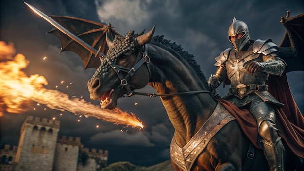 Photo fire breathing bursts from a giant dragon on a heroic medieval knight on horseback in the black night epic battle between good and evil concept art 3d rendering