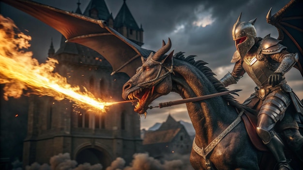 Photo fire breathing bursts from a giant dragon on a heroic medieval knight on horseback in the black night epic battle between good and evil concept art 3d rendering