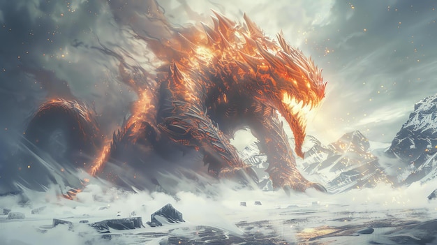 Fire breathing dragon standing on a frozen lake The snowcapped mountains in the background add to the dramatic effect